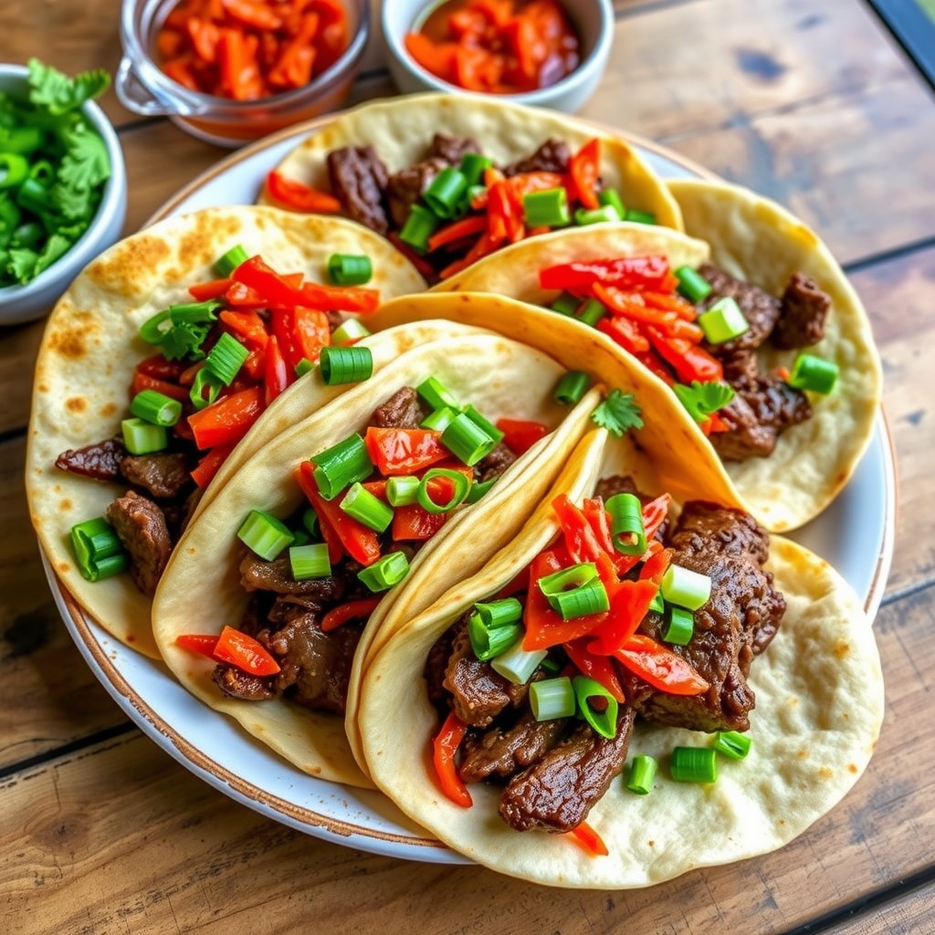 A plate of Korean BBQ tacos with marinated beef and spicy kimchi, garnished with cilantro and green onions.